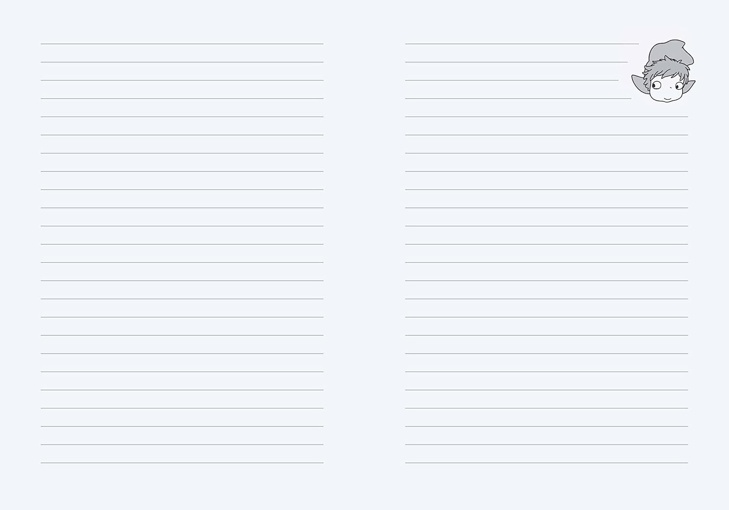 Otwarty dziennik Studio Ghibli Ponyo z liniowanymi stronami oraz grafiką postaci Ponyo w rogu strony