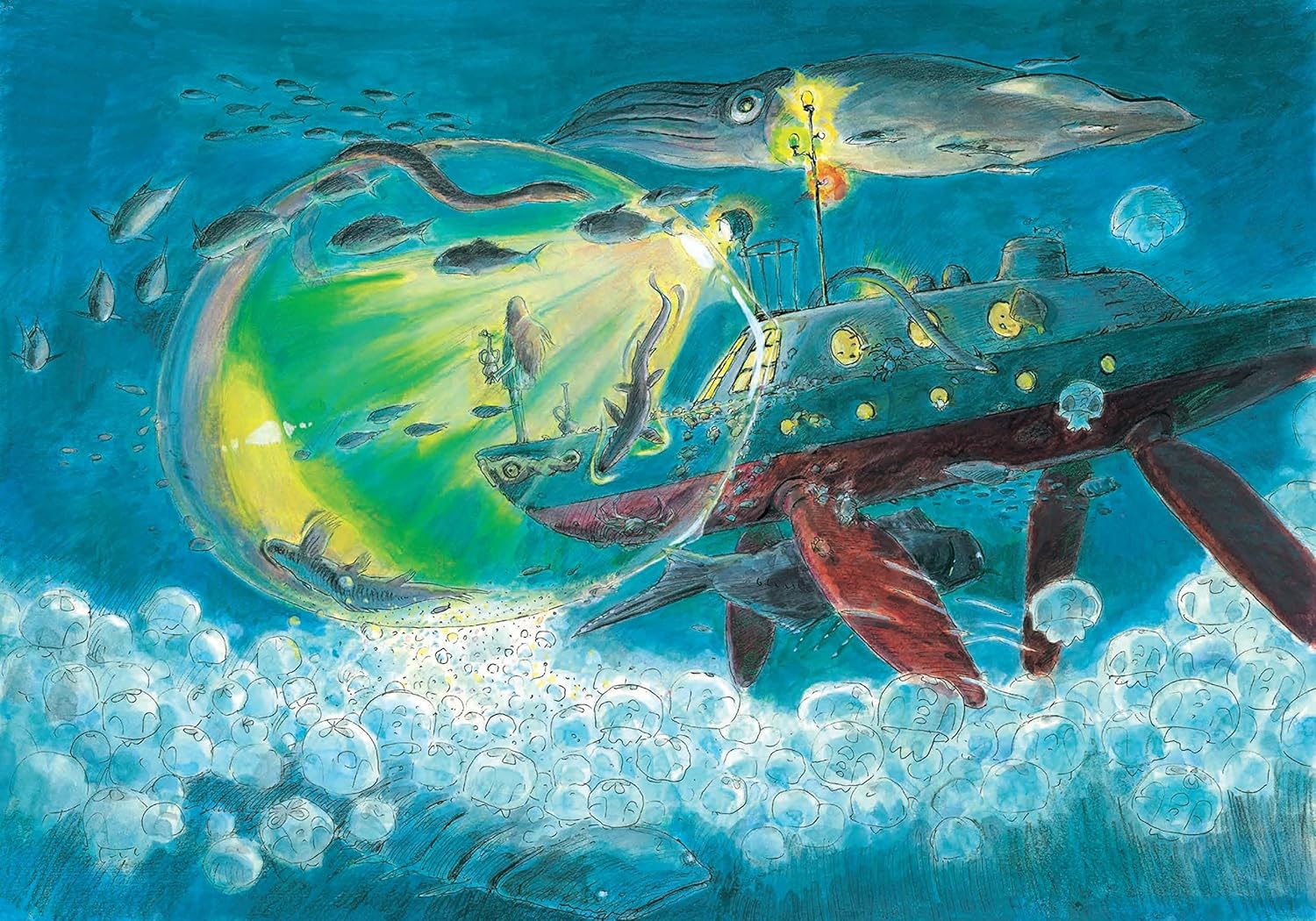 Ilustracja podwodnej sceny z filmu Studio Ghibli Ponyo z samolotem podwodnym i meduzami