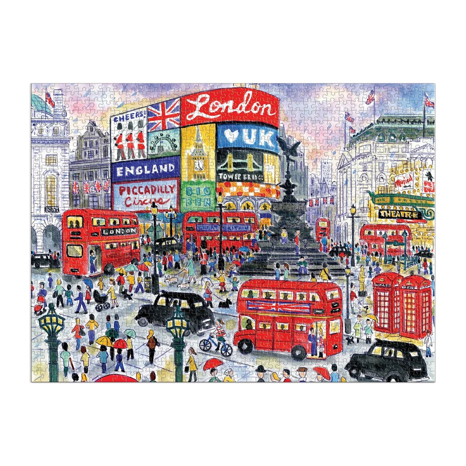 Puzzle Londyn 1000 elementów z kolorowym obrazem londyńskiego Piccadilly Circus i czerwonymi autobusami