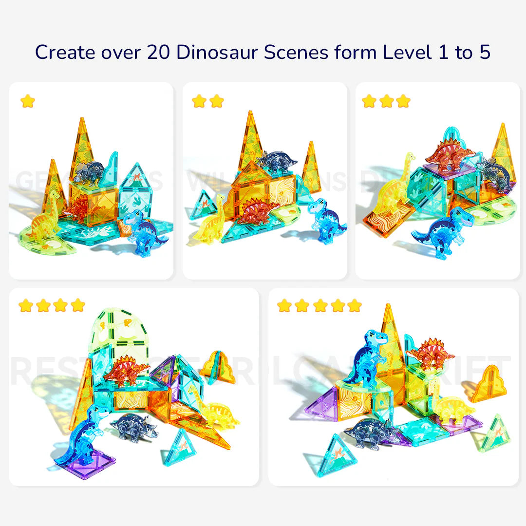 Zestaw klocków magnetycznych dinozaury Yamann do tworzenia scen z dinozaurami na różnych poziomach