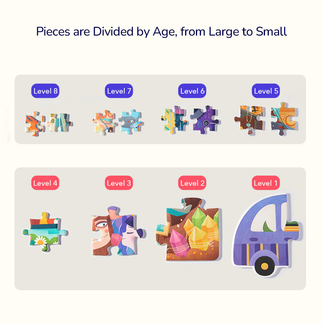 Puzzle dla dzieci transport zwierząt z podziałem elementów na poziomy trudności od dużych do małych