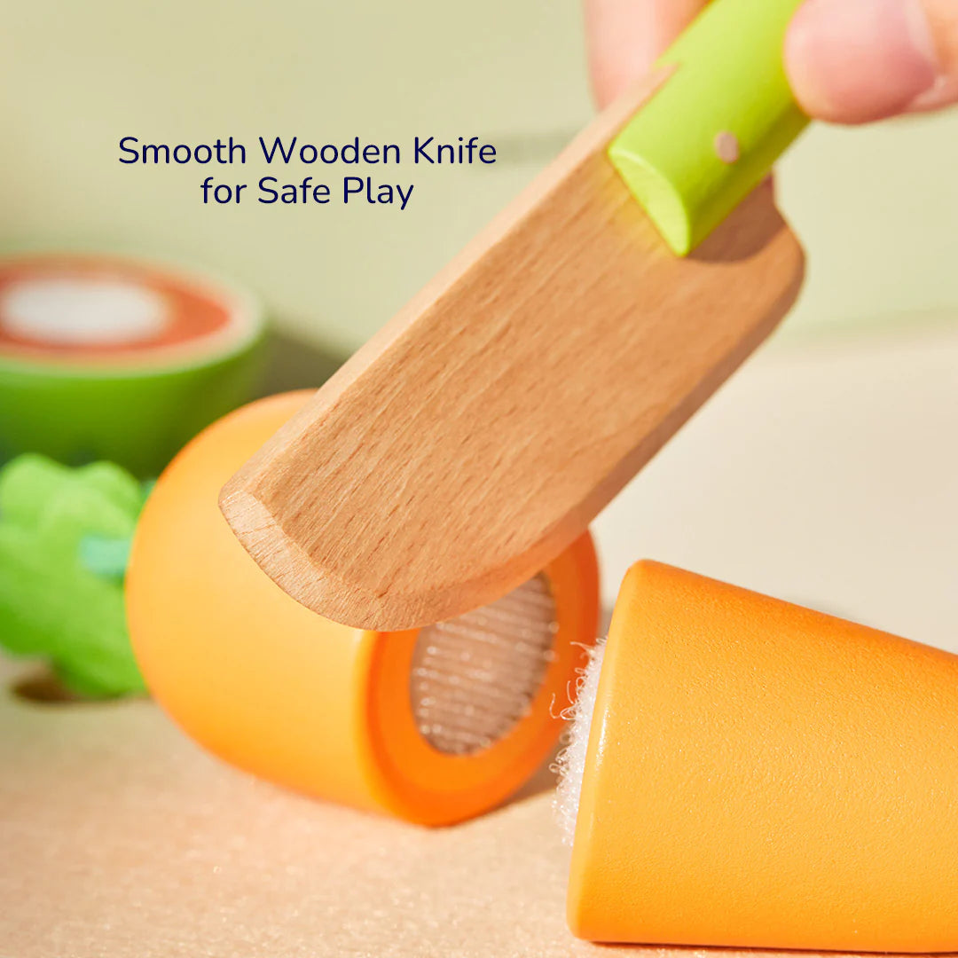 Drewniany nóż do bezpiecznej zabawy z zestawem drewniane owoce i warzywa do krojenia od EMS DOIY