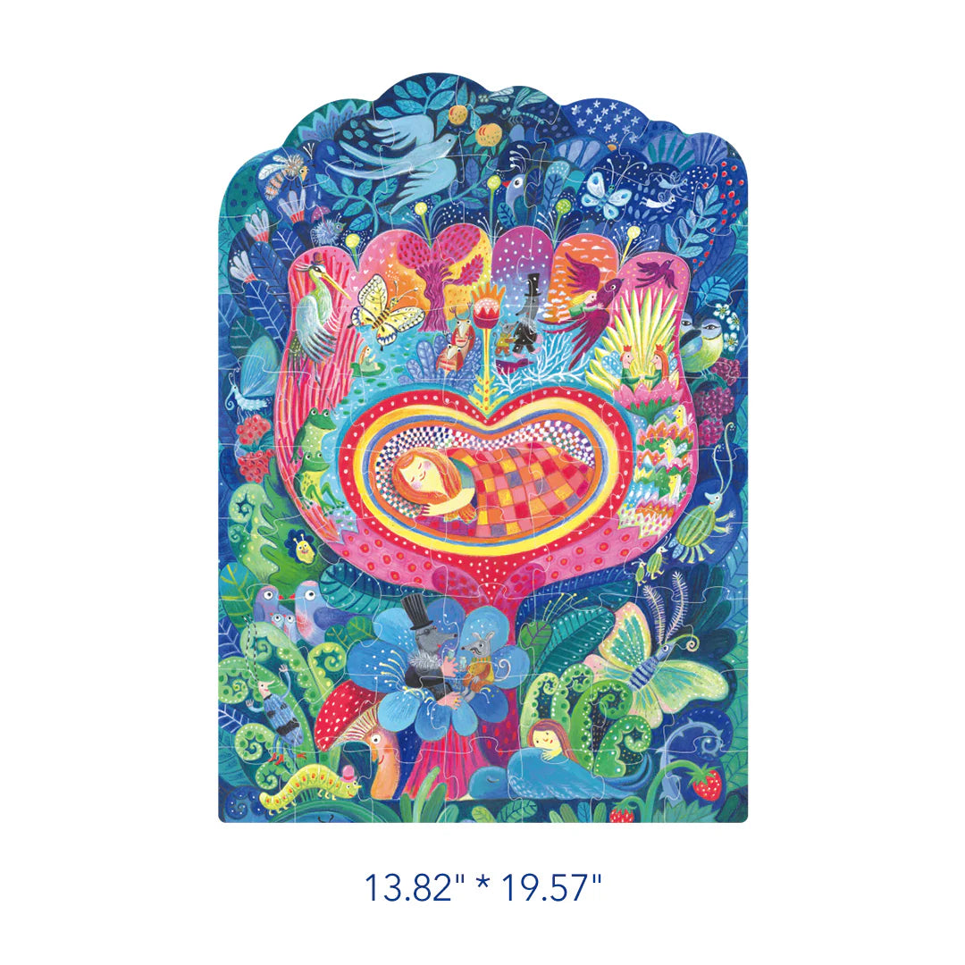 Kolorowe puzzle artystyczne Calineczka od mideer z ilustracją Calineczki w kwiacie w otoczeniu przyrody