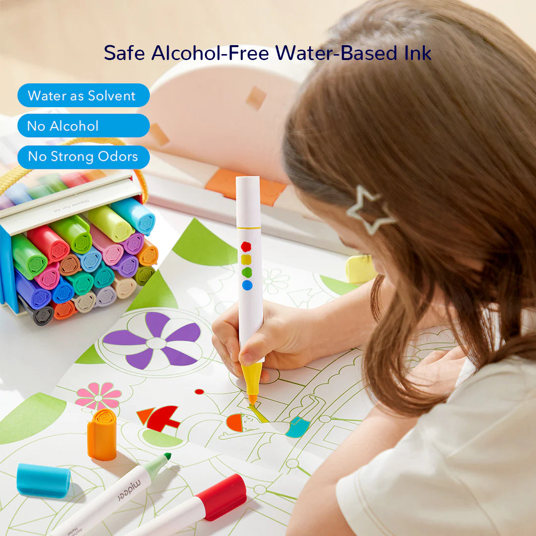 Dziecko koloruje rysunek, używając markery zmywalne dwustronne Yamann z bezpiecznym tuszem na bazie wody