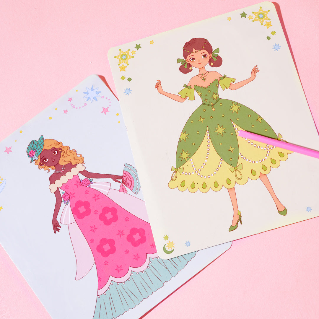 Kolorowanki z postaciami w sukienkach do zabawy w zestaw przebierankowy dla dziewczynek od WABOBA AB