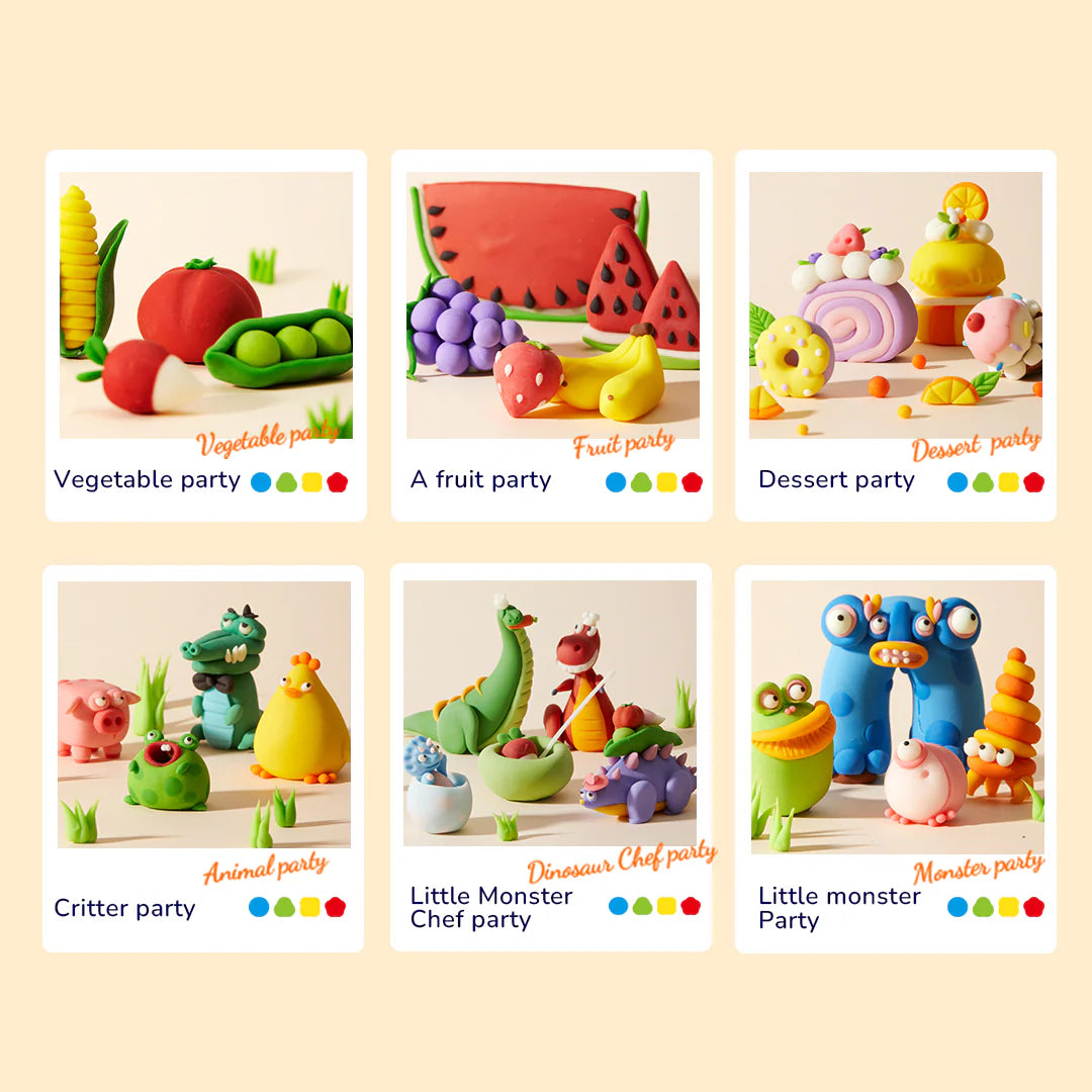 Zestaw ciastoliny dla dzieci 6 kolorów z różnymi motywami owoców, warzyw i postaci