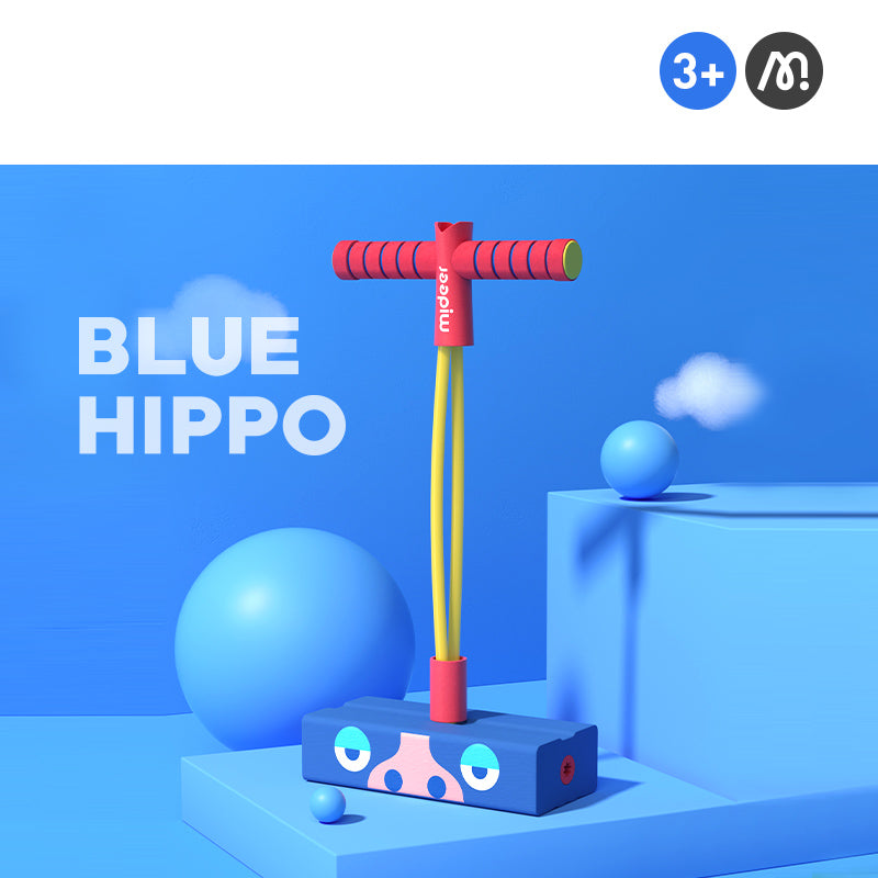 Skoczek pogo dla dzieci Mideer w kolorze niebieskim z czerwonym uchwytem i wzorem hipopotama