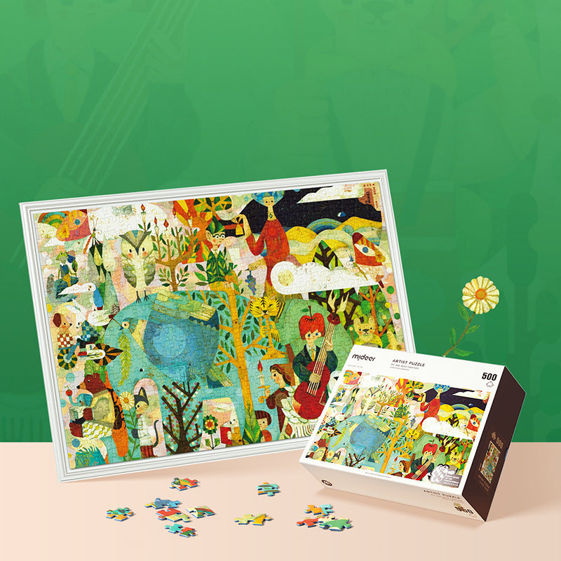 Puzzle artystyczne 500 elementów marki mideer z kolorowym, fantazyjnym obrazem zwierząt i roślin