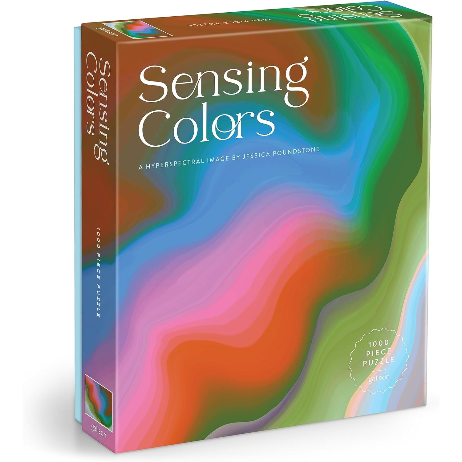 Puzzle 1000 elementów Galison z abstrakcyjnym, kolorowym wzorem na opakowaniu Sensing Colors