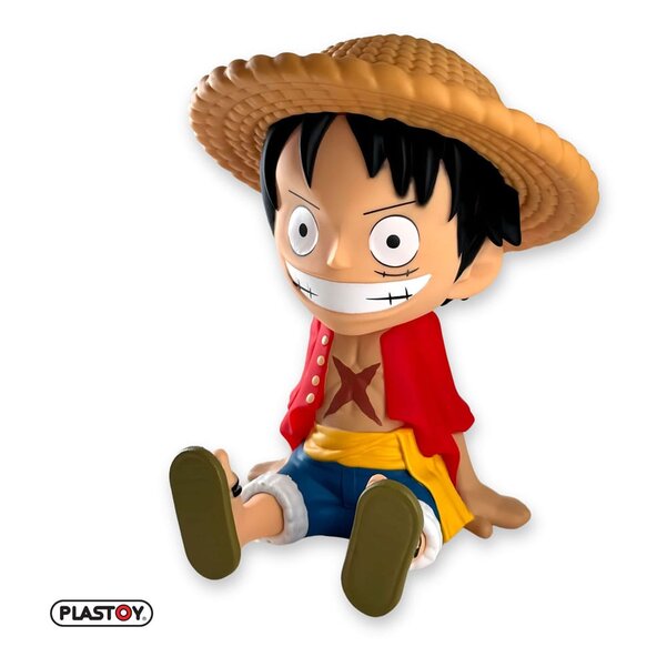 Skarbonka One Piece Luffy w stylu figurki z kapeluszem słomkowym i czerwonym płaszczem