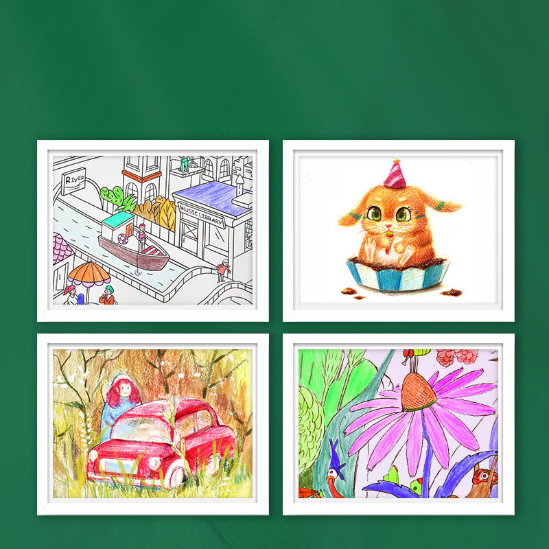 Rysunki wykonane kredkami olejnymi 24 kolory Yamann z motywami zwierząt, samochodu i kwiatów