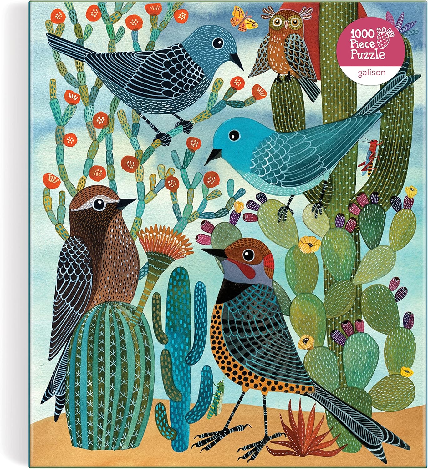 Kolorowe puzzle Galison 1000 elementów z ilustracją ptaków na tle kaktusów i motyla