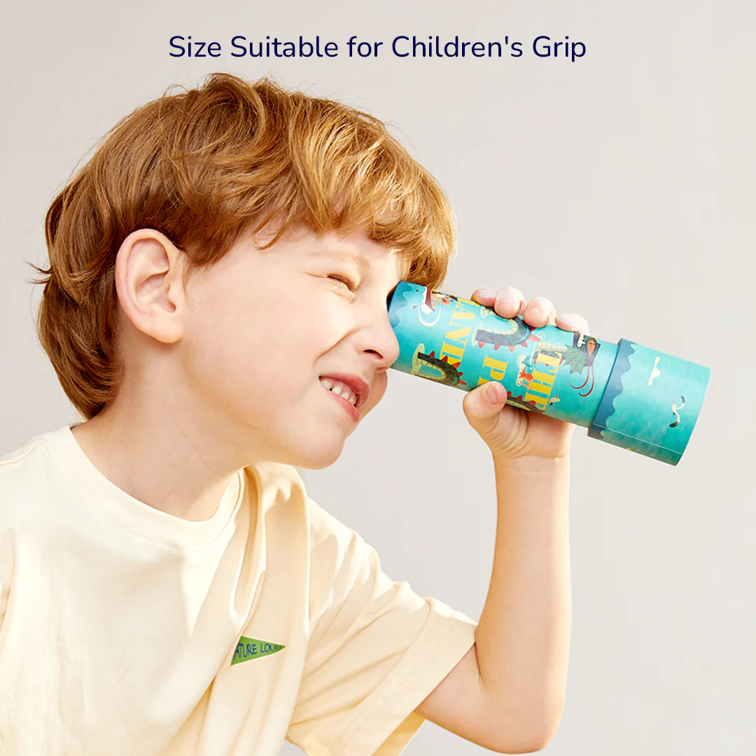 Dziecko trzymające kalejdoskop zwierzęca olimpiada z kolorowymi zwierzęcymi wzorami