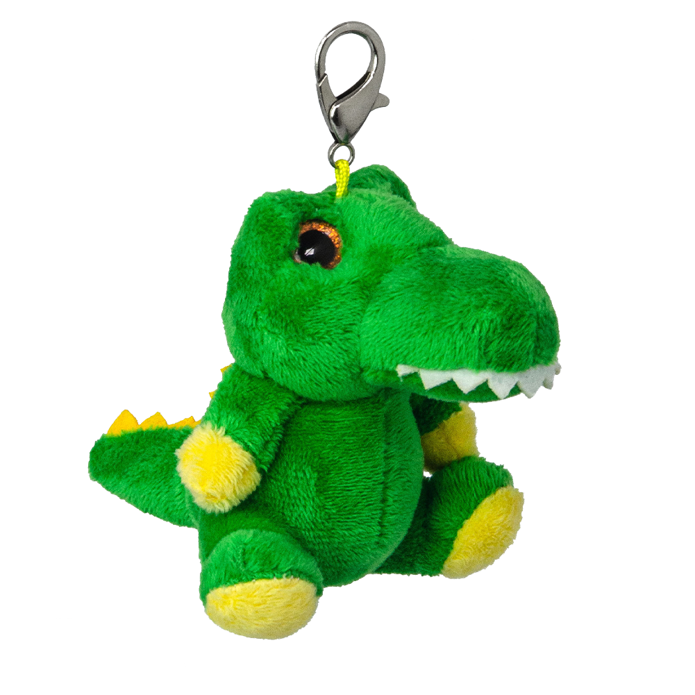 Pluszowy brelok krokodyl w zielonym kolorze z żółtymi detalami i metalowym karabińczykiem