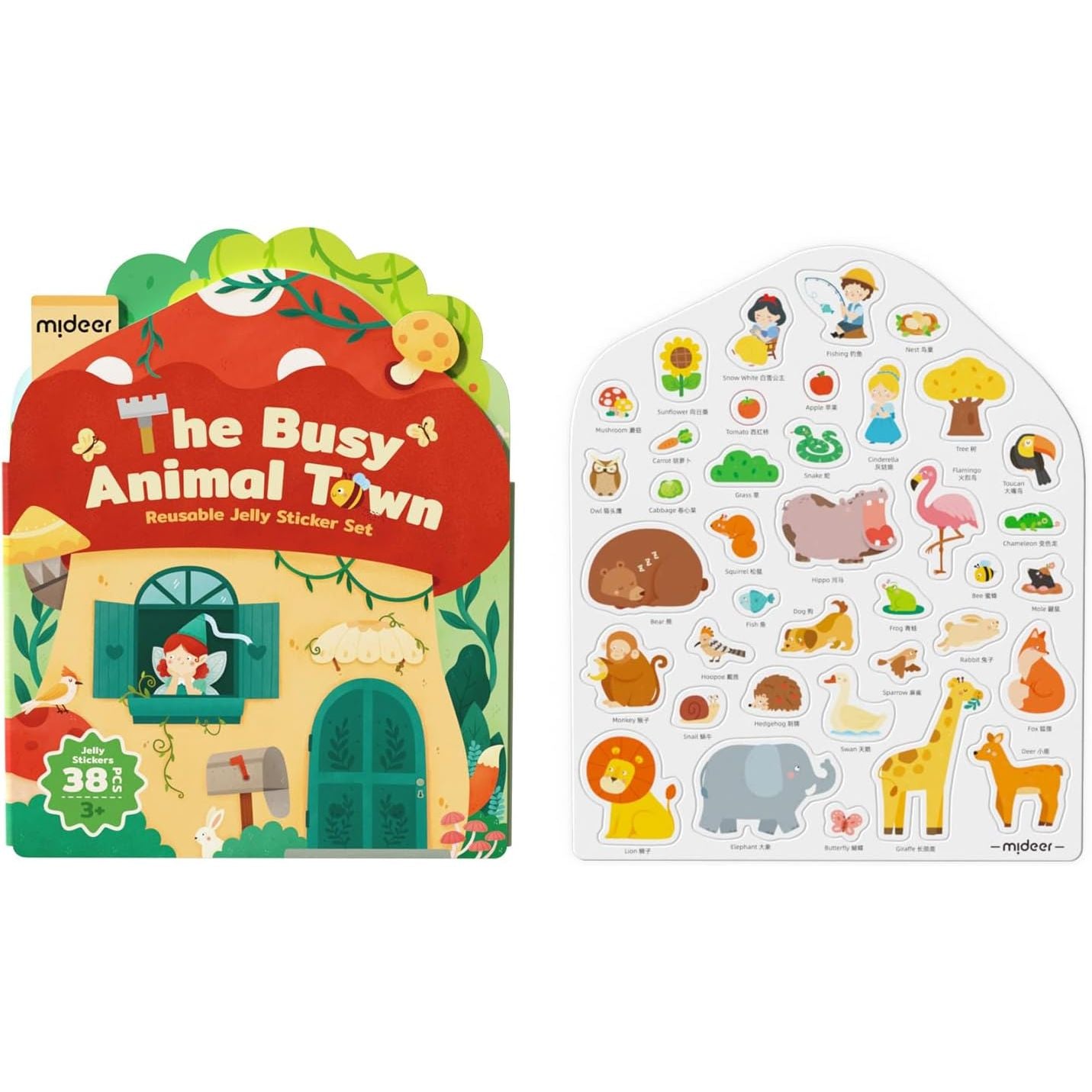 Zestaw wielorazowe żelowe naklejki zwierzęta w kolorowym opakowaniu Mideer z 38 elementami