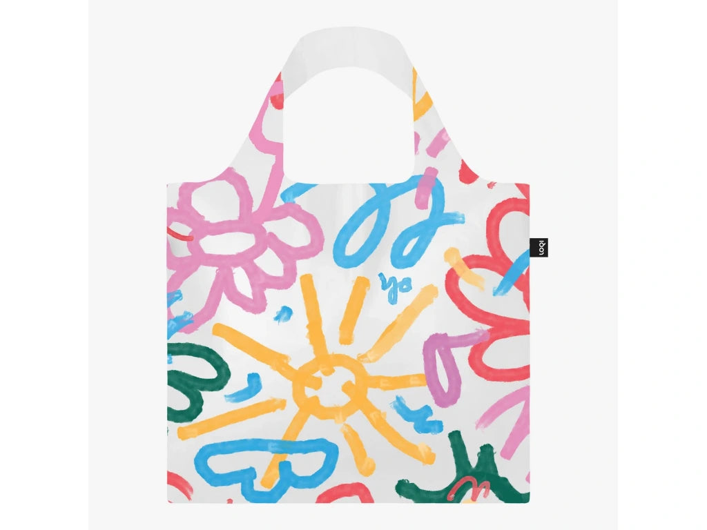Kolorowa torba LOQI Bernardo Henning z abstrakcyjnym wzorem słoneczka i kwiatów