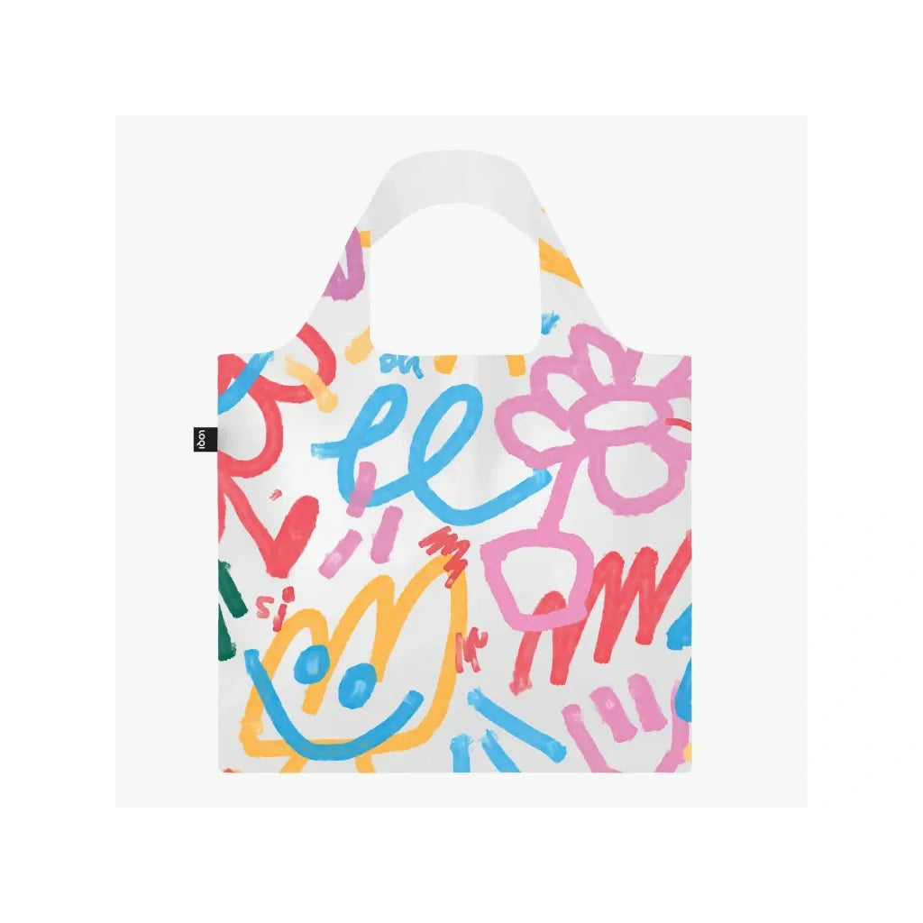 Kolorowa torba LOQI Bernardo Henning z abstrakcyjnymi wzorami i uśmiechniętą twarzą