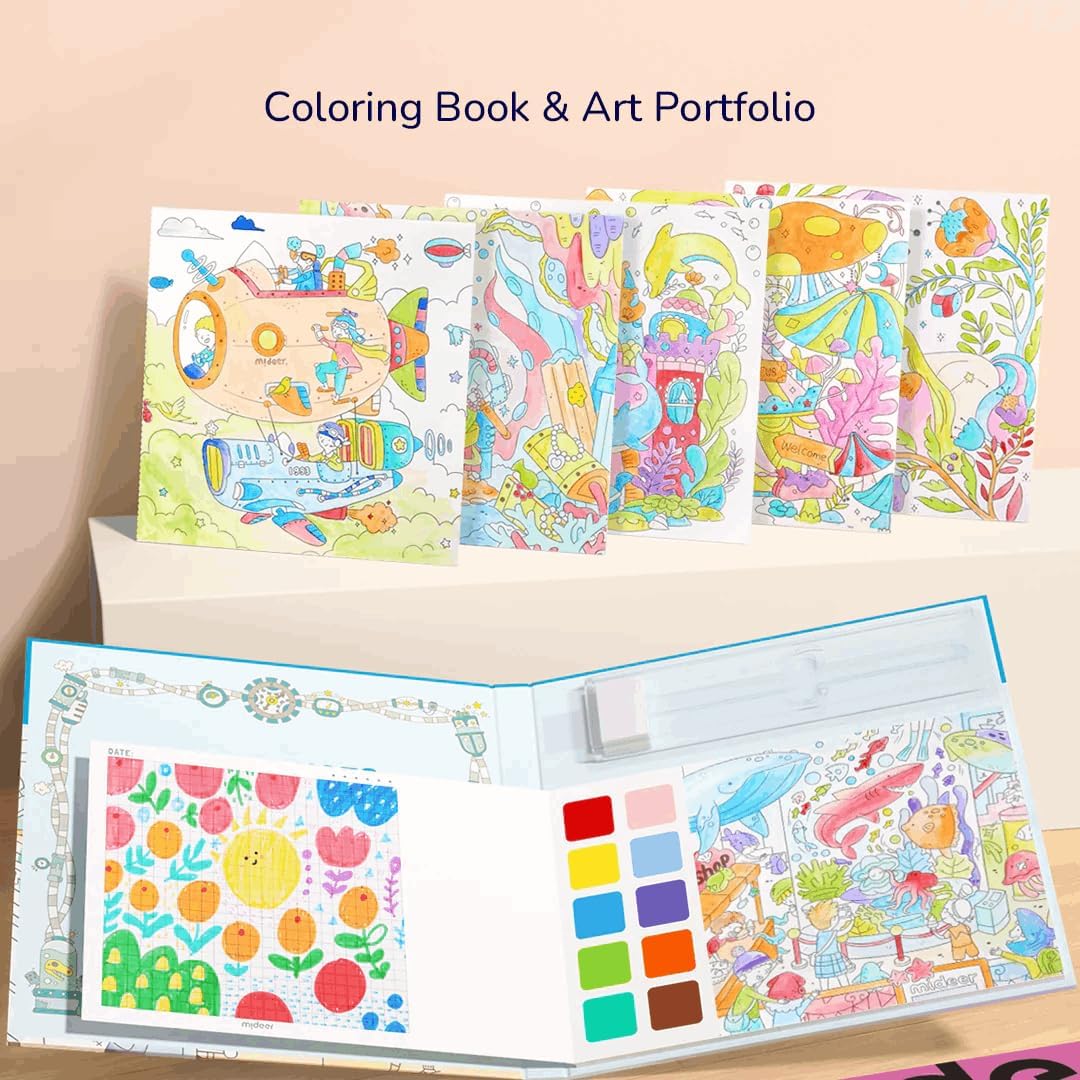 Duża kolorowanka akwarelowa dla dzieci z zestawem farbek i ilustracjami do malowania