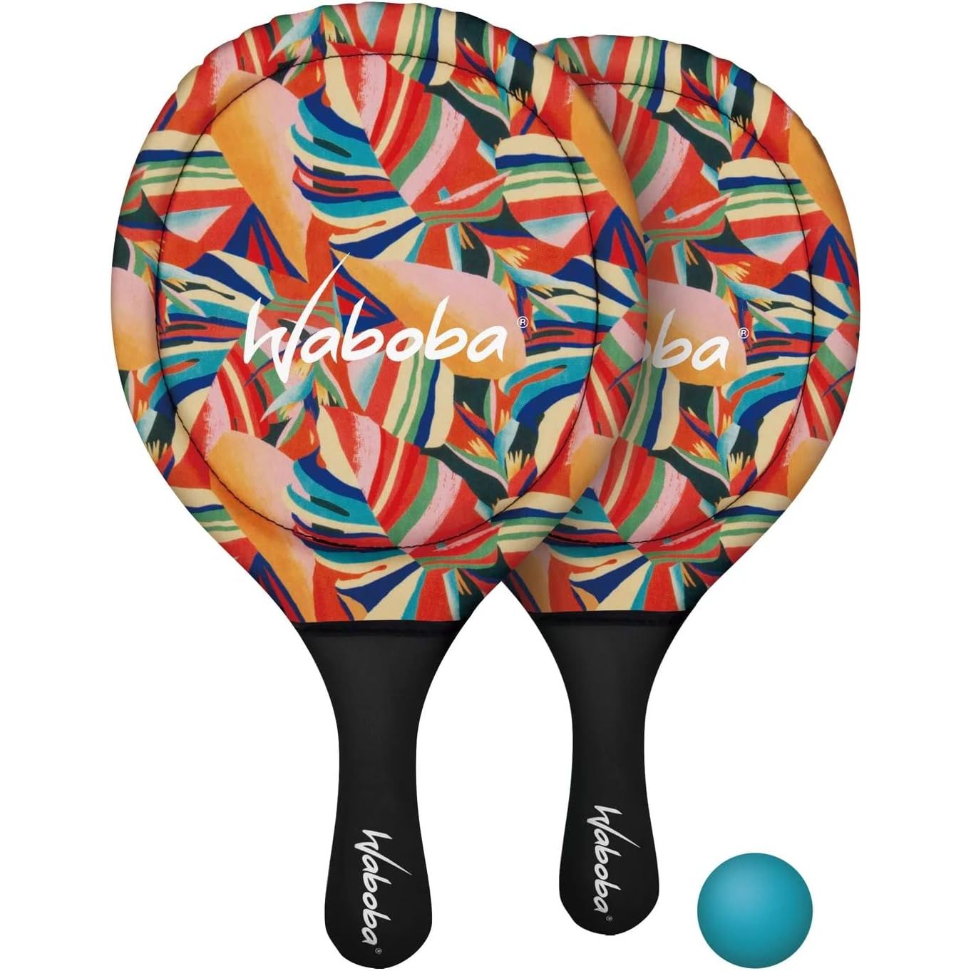 Kolorowe paletki plażowe Waboba z wzorem liści i niebieską piłką do gry na plaży