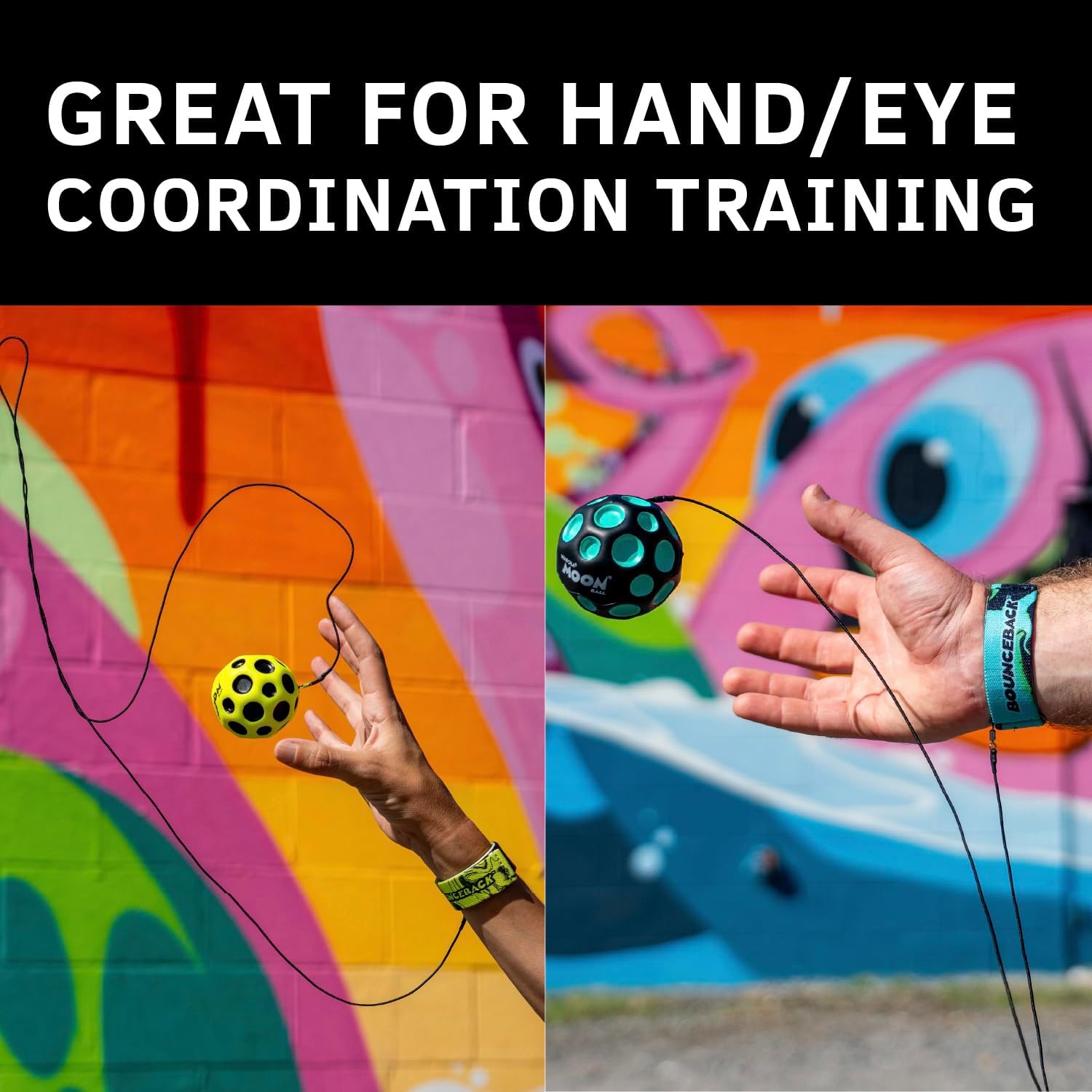 Piłeczka Waboba Bounceback do treningu koordynacji ręka-oko w kolorze żółtym i czarnym na tle kolorowego graffiti