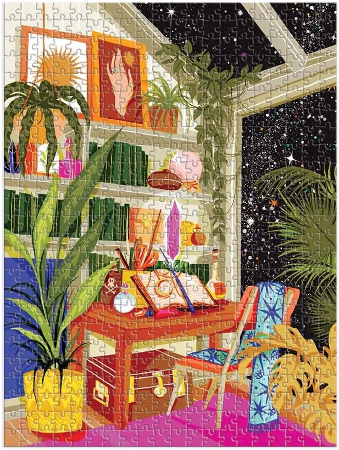Kolorowe puzzle 500 elementów przedstawiające pracownię z roślinami i przestrzenią kosmiczną za oknem