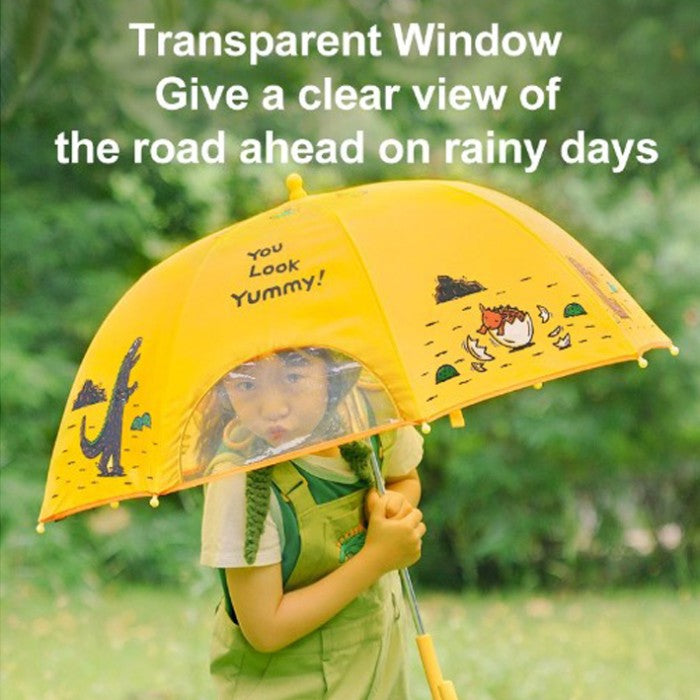 Żółta parasolka dla dzieci z przezroczystym okienkiem i zabawnymi wzorami na deszczowe dni