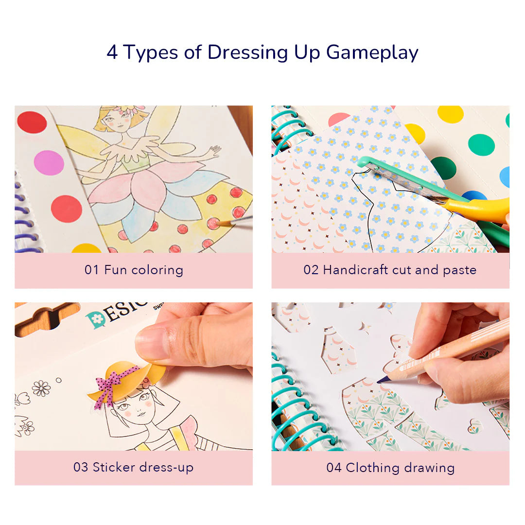 Zeszyt kreatywny dla dzieci z kolorowankami, wycinankami, naklejkami i rysowaniem ubrań