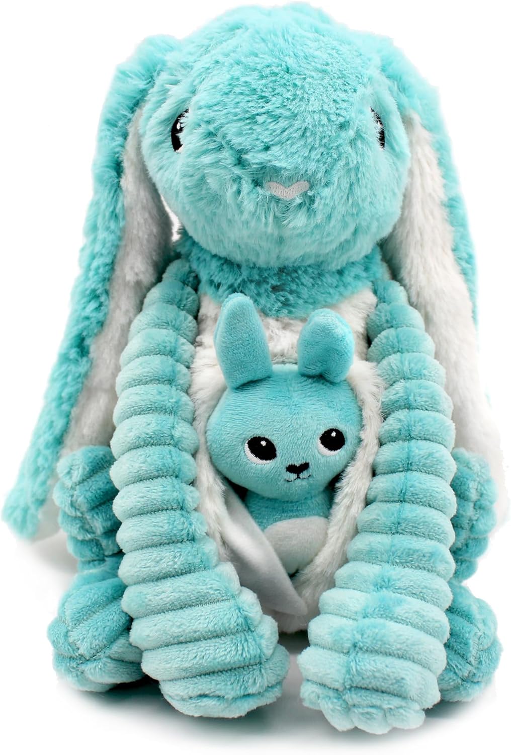 Pluszowy królik mama i dziecko w turkusowym kolorze z miękkim futerkiem i długimi uszami