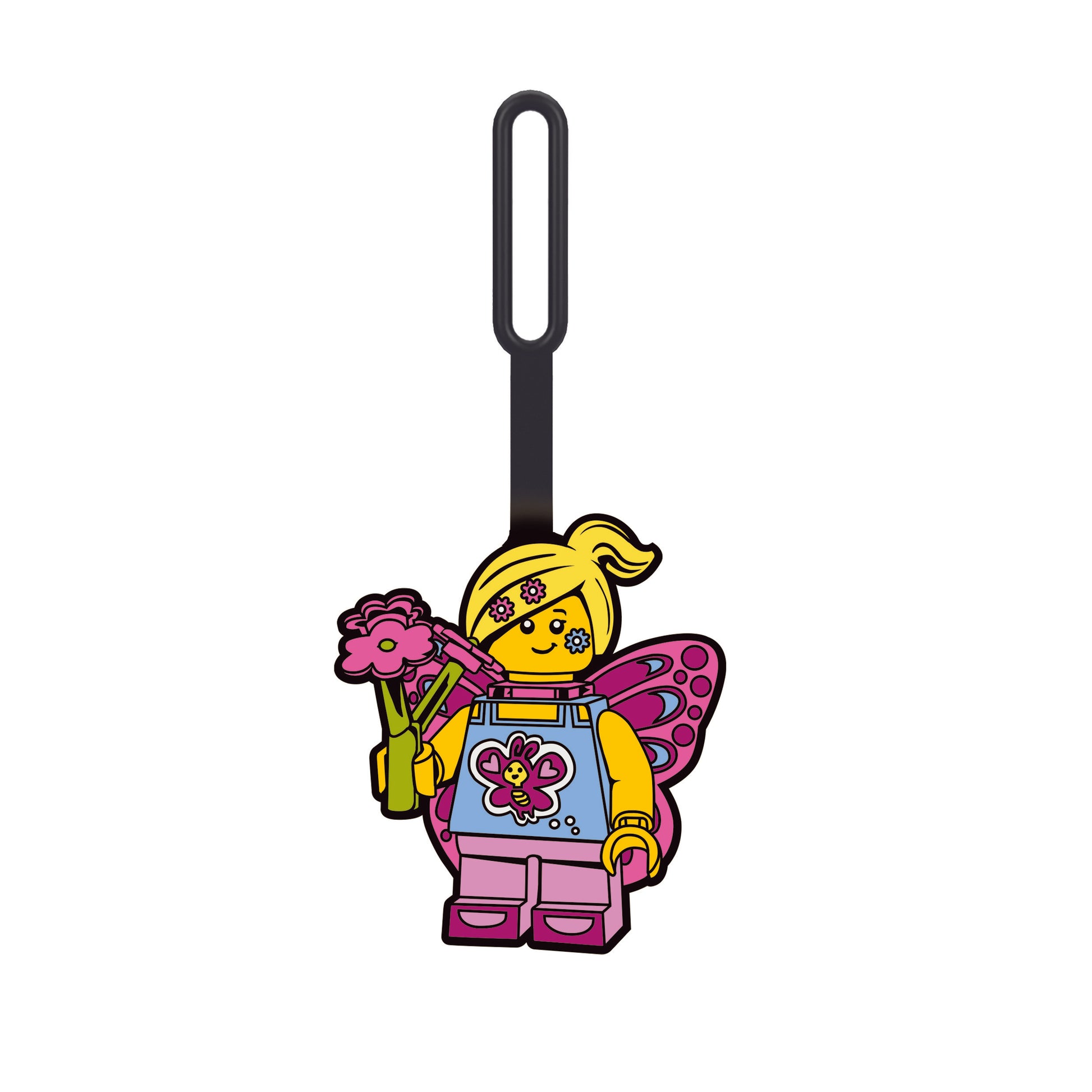 Zawieszka do plecaka LEGO motylek z figurką LEGO w pastelowych kolorach i kwiatami