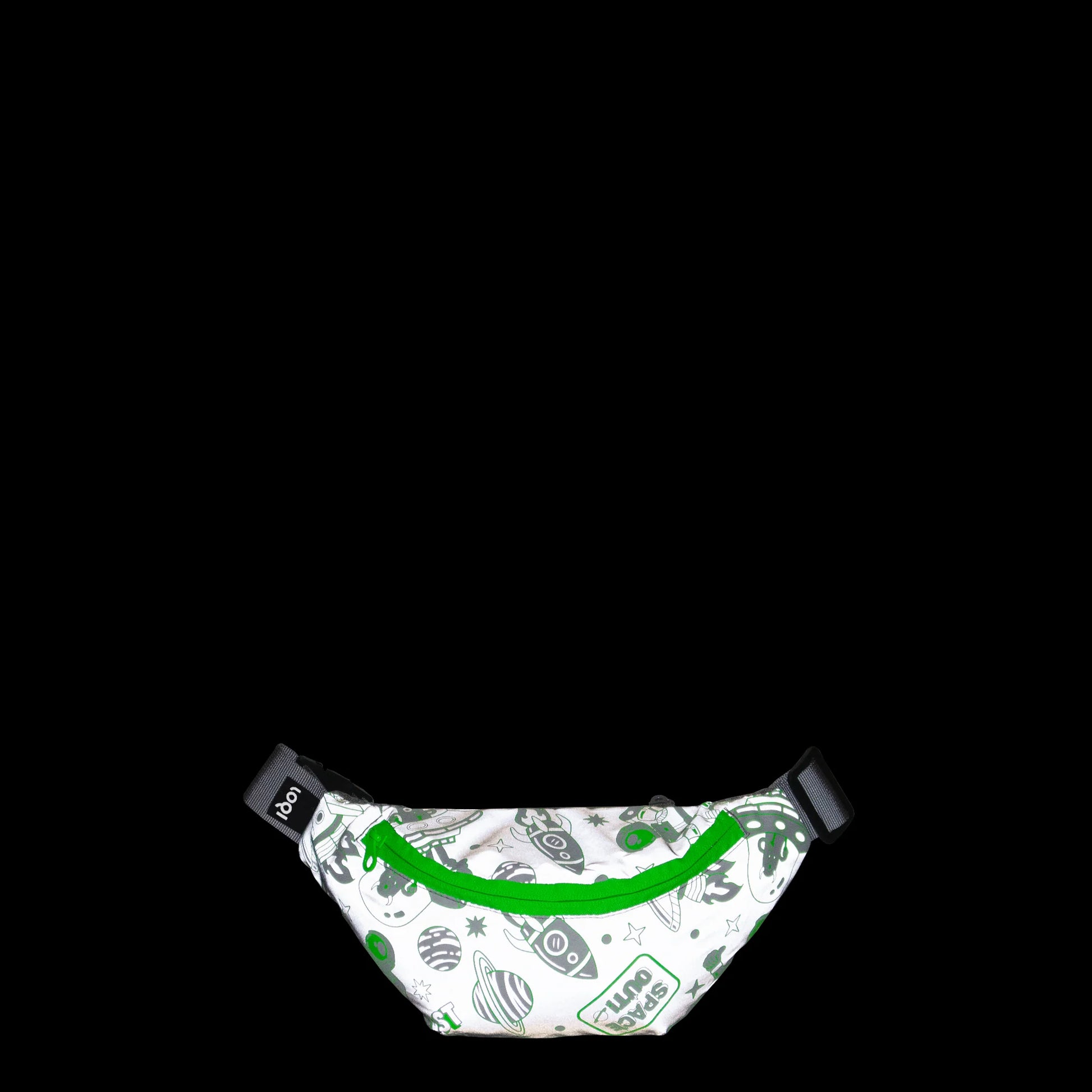 Biała nerka odblaskowa z zielonym zamkiem i kosmicznym wzorem marki Yamann