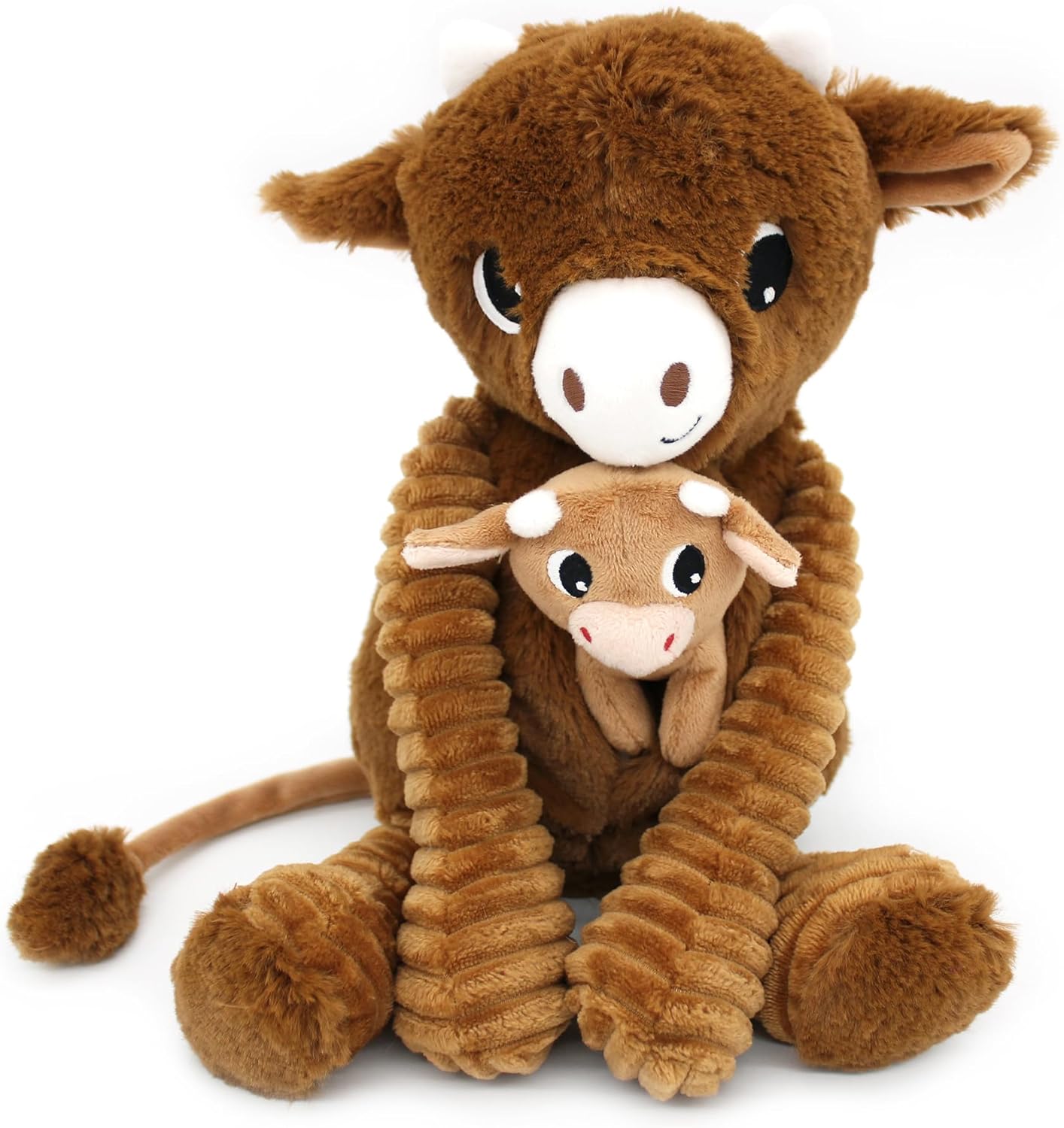 Pluszak krowa dla dzieci w brązowym kolorze z mniejszą pluszową krówką w łapkach