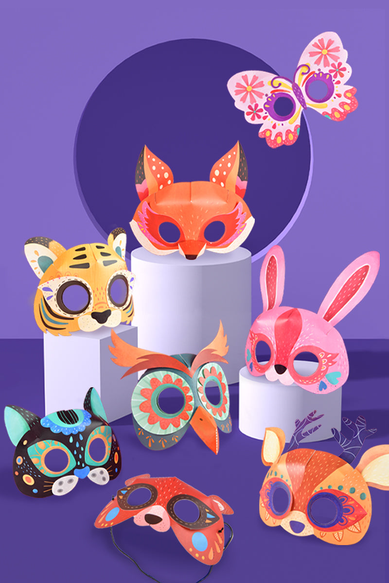 Kolorowe maski papierowe dla dzieci z motywami zwierząt i motyla od Yamann