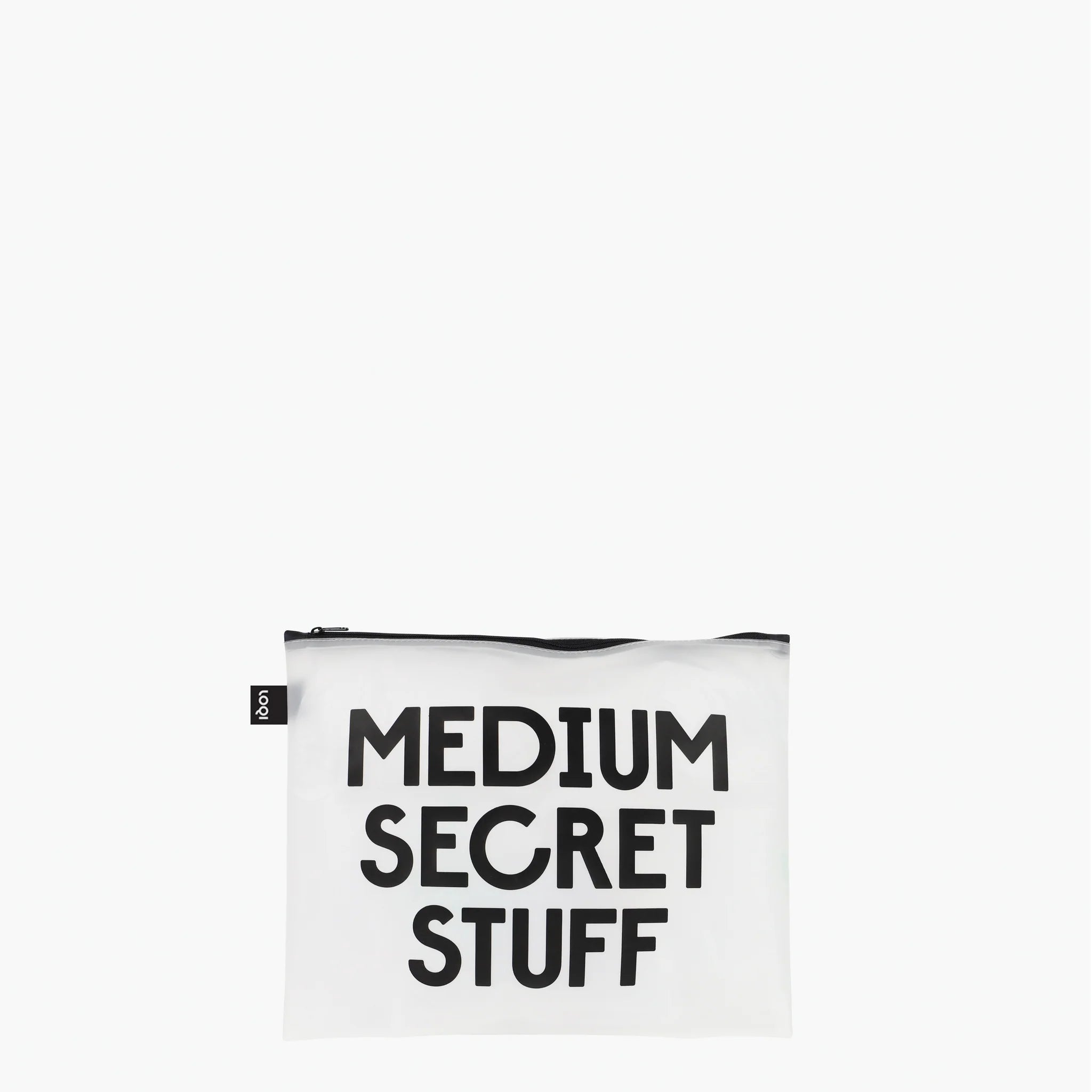biała saszetka LOQI z czarnym napisem Medium Secret Stuff z zestawu saszetki LOQI SNASK zestaw