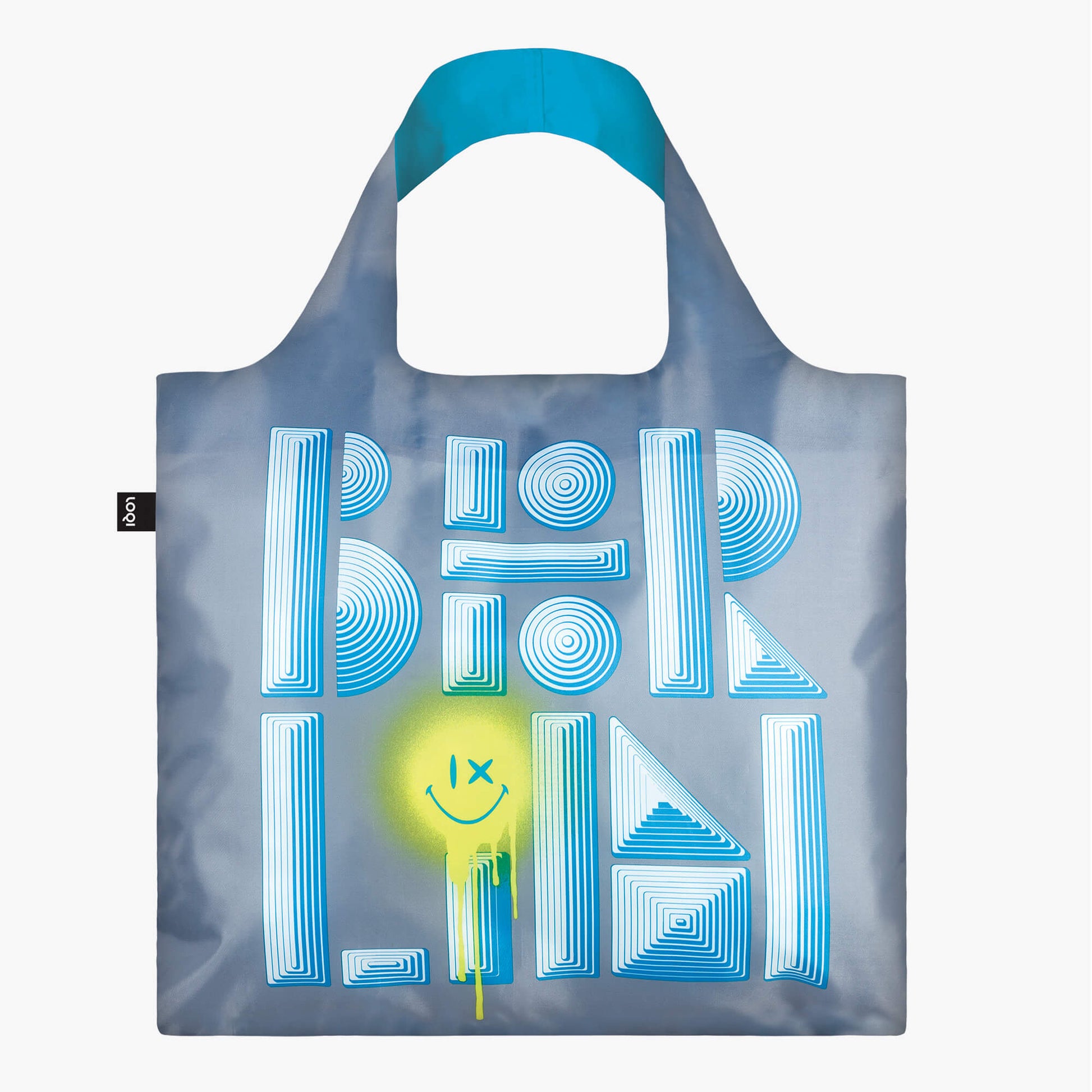 Torba LOQI Berlin w odcieniach niebieskiego z nowoczesnym napisem Berlin i żółtym uśmiechem