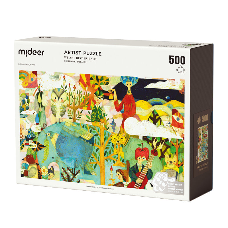 Puzzle artystyczne 500 elementów marki mideer z kolorowym, abstrakcyjnym obrazem zwierząt i postaci