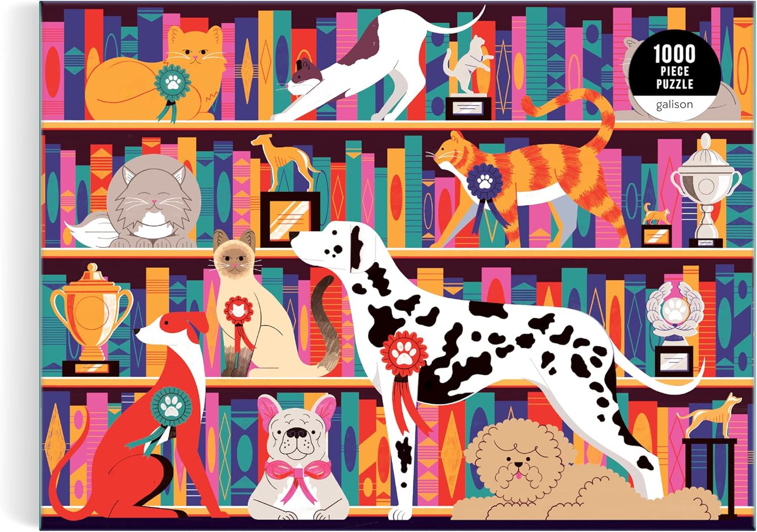 Puzzle 1000 elementów dla dorosłych z kolorowym obrazkiem psów i kotów na tle półki z książkami