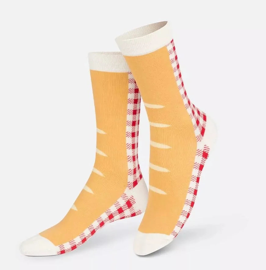 Skarpetki baguette EMS w żółtym kolorze z czerwono-białym wzorem kratki na bokach