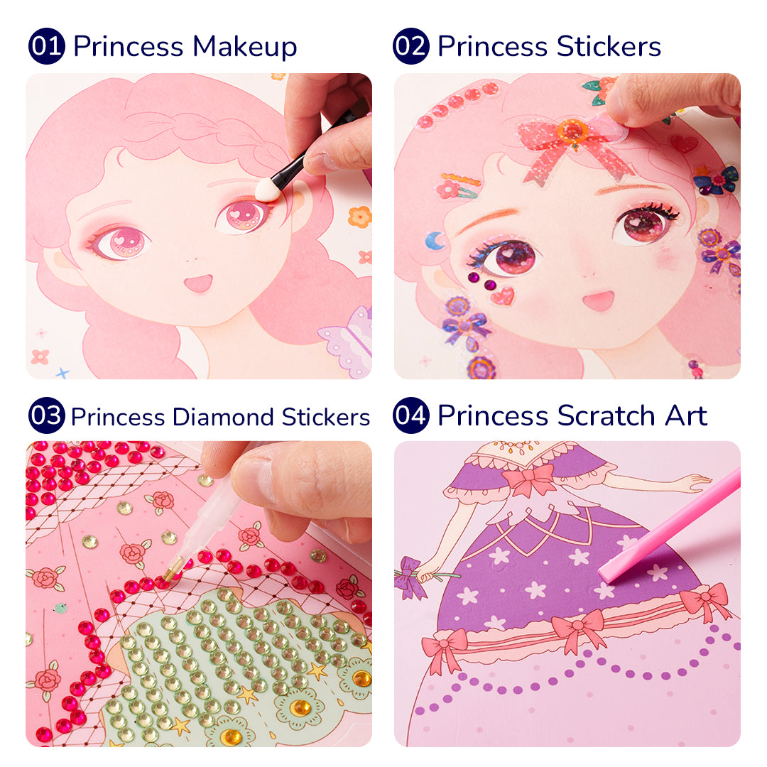 Zestaw przebierankowy dla dziewczynek z makijażem księżniczki, naklejkami i diamentowymi ozdobami