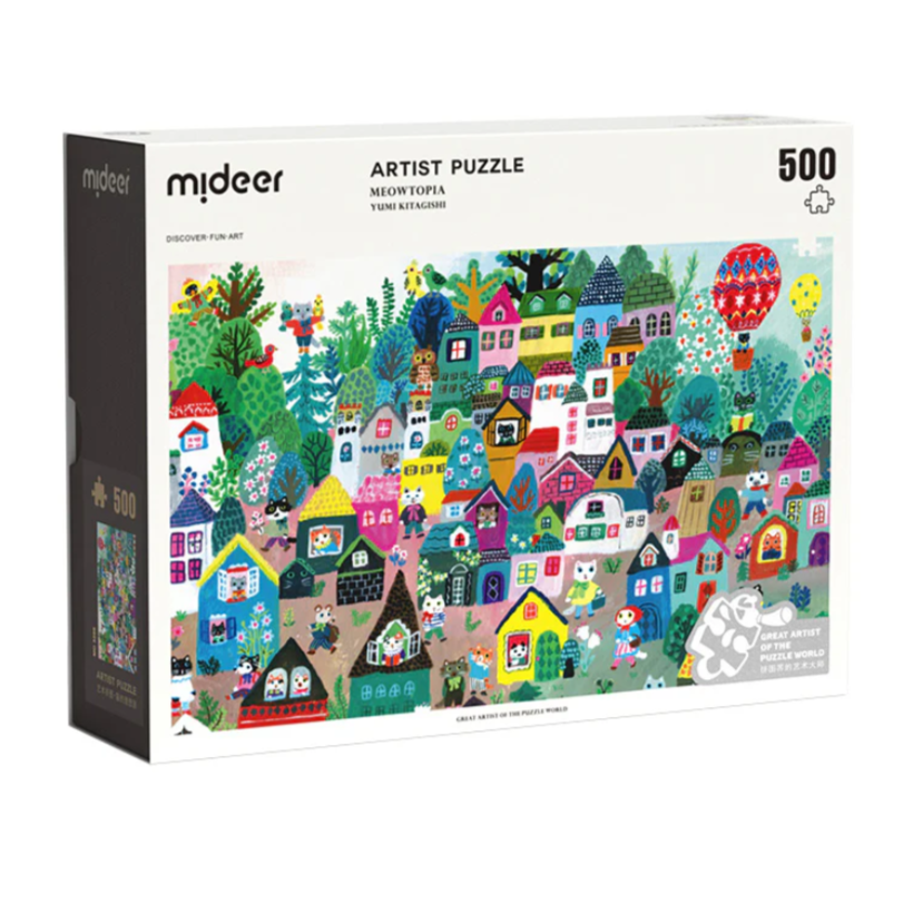 Puzzle artystyczne 500 elementów Mideer z kolorowym obrazem miasteczka i balonem na niebie