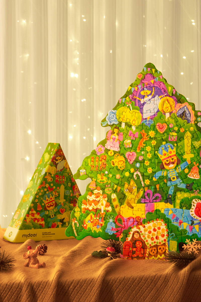 Świąteczne puzzle dla dzieci w kształcie kolorowej choinki z motywami świątecznymi od Mideer