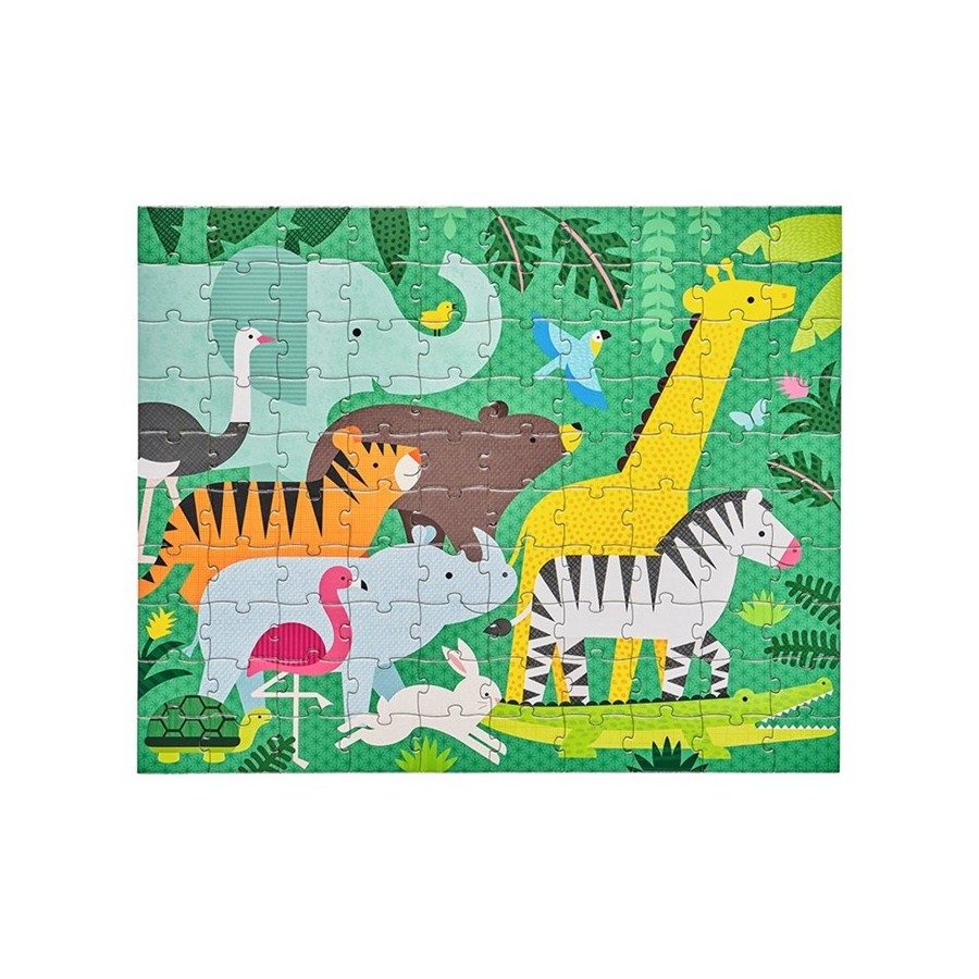 Dwustronne puzzle dla dzieci z kolorowymi zwierzętami dżungli na zielonym tle