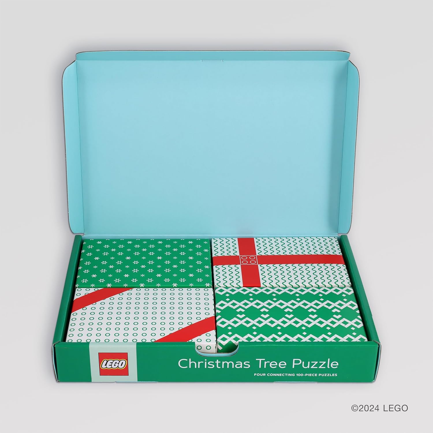 puzzle LEGO choinka 100 elementów w świątecznym opakowaniu z wzorami prezentów i śniegu