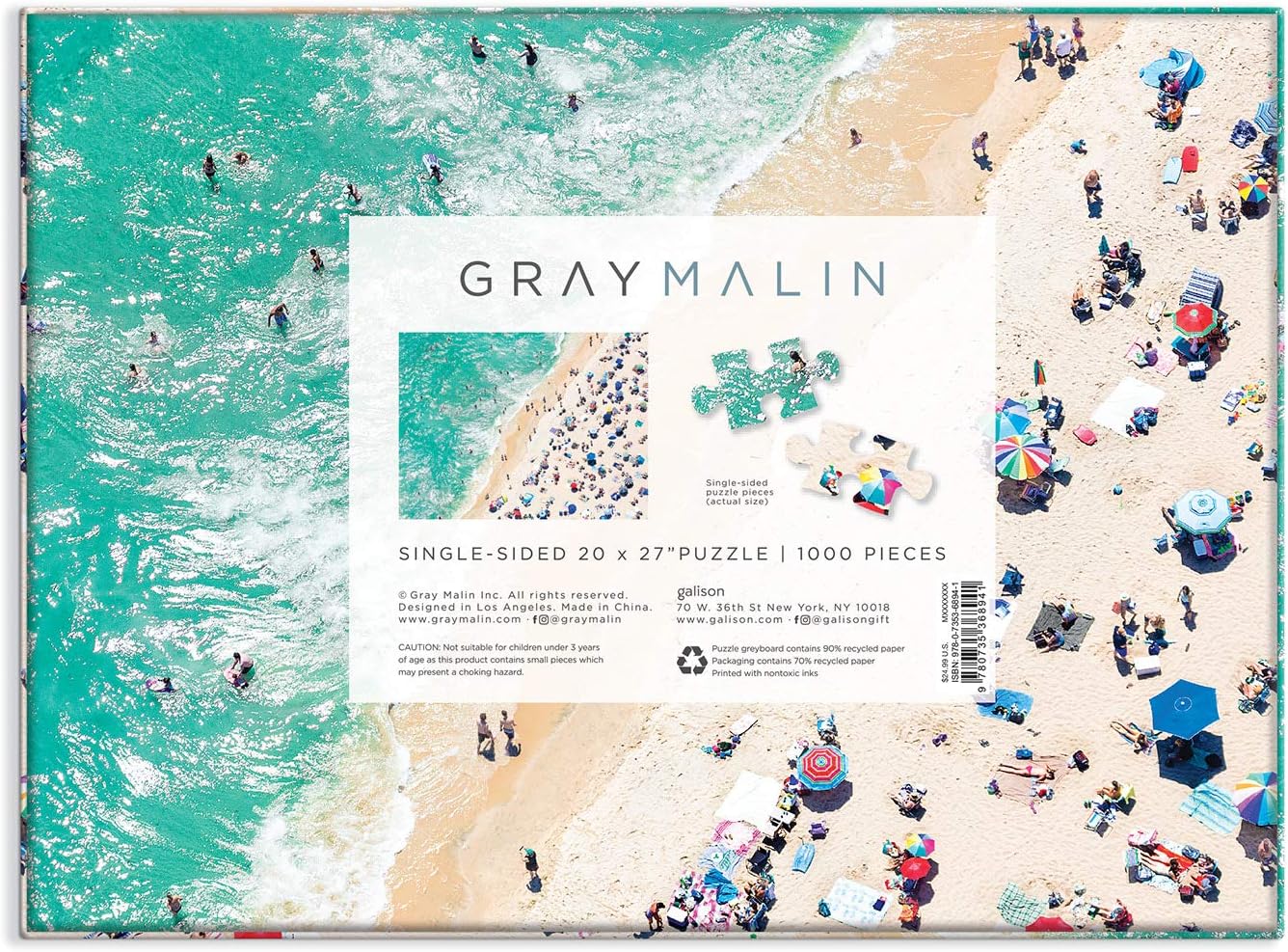 Puzzle 1000 elementów z plażą przedstawiające widok z lotu ptaka na morze i ludzi na plaży