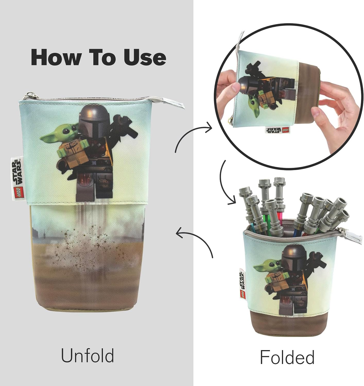 Piórnik LEGO Star Wars Mandalorian z motywem Mandalorianina i Grogu, rozkładany i składany na dwa sposoby