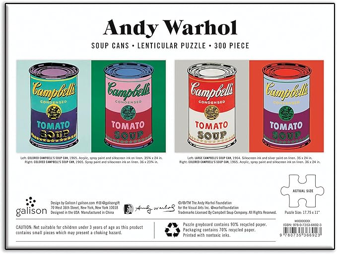 Puzzle Andy Warhol 300 elementów przedstawiające cztery puszki Campbell's Tomato Soup w kolorowej oprawie