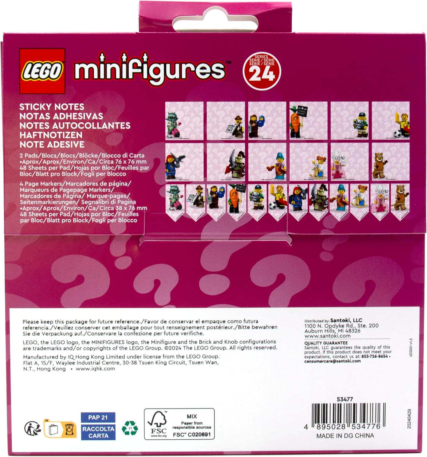 Opakowanie samoprzylepnych karteczek LEGO Minifigures z 24 różnymi wzorami figurek LEGO