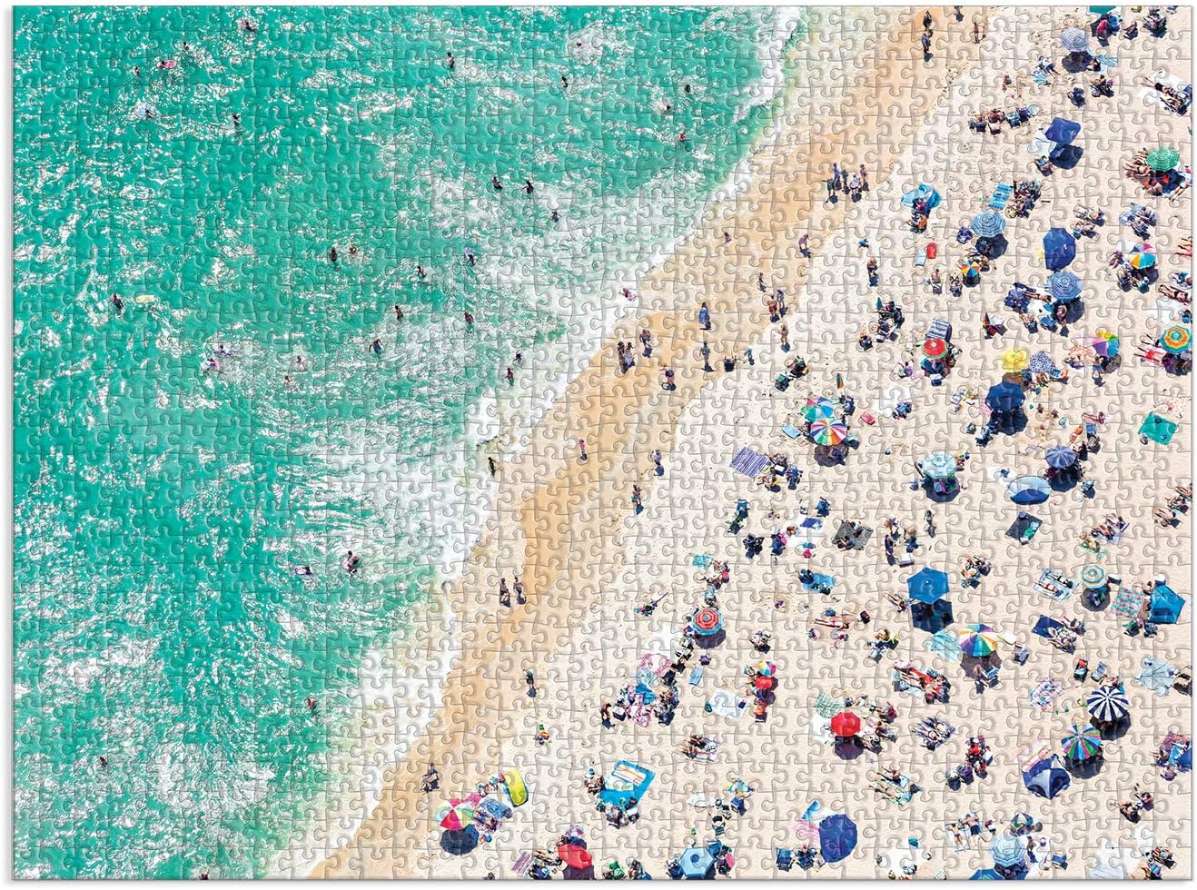Puzzle 1000 elementów z plażą przedstawiające tłum ludzi i parasole na słonecznej plaży nad turkusowym morzem