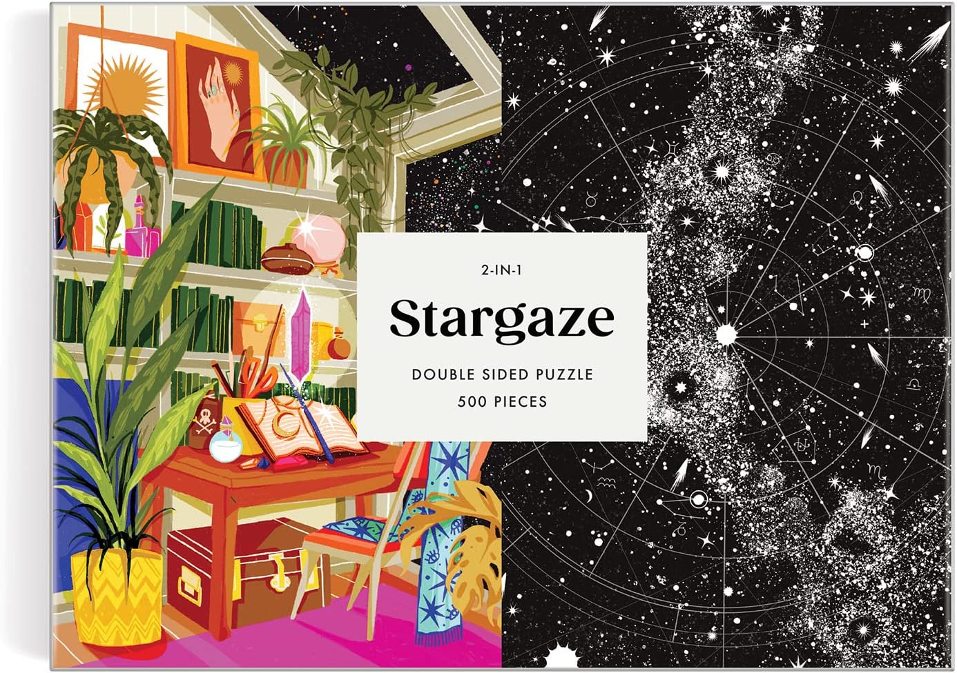 Puzzle 500 elementów Galison Stargaze dwustronne z motywem gwiazdozbiorów i kolorowego wnętrza