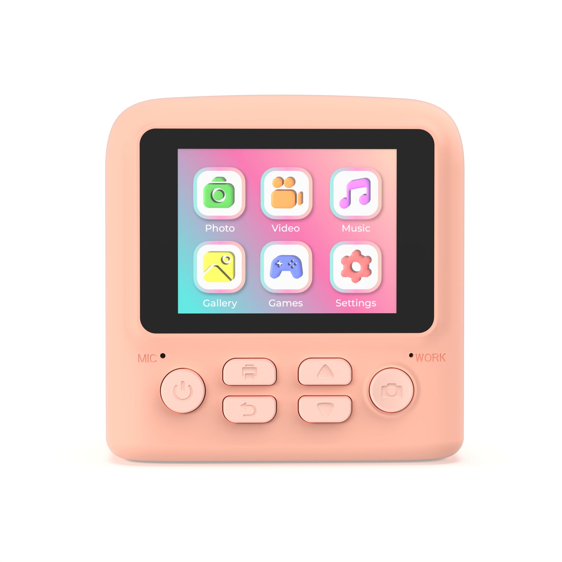 Yamann aparat cyfrowy z drukarką w kolorze różowym z ekranem i ikonami funkcji