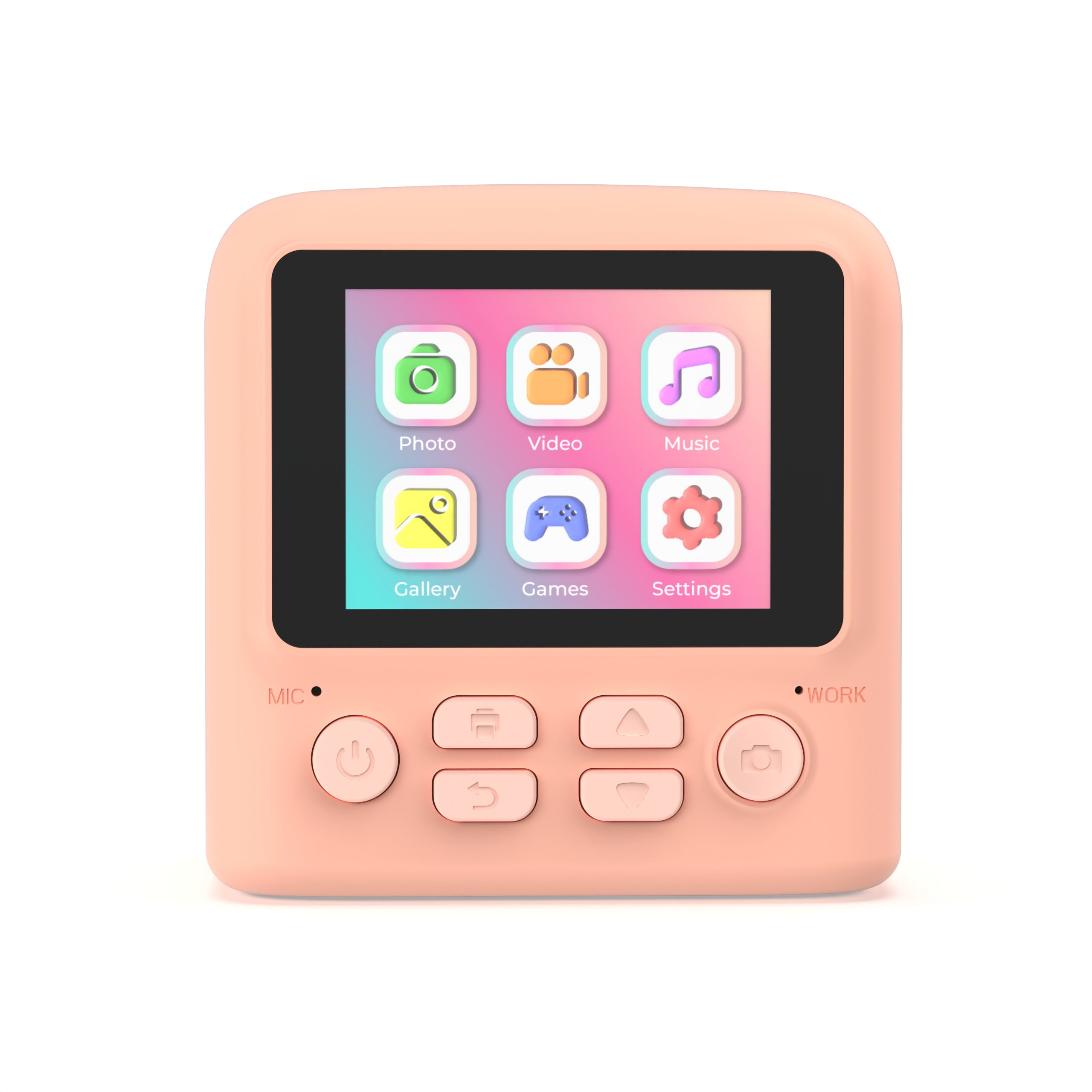 Yamann aparat cyfrowy z drukarką w kolorze różowym z ekranem i ikonami funkcji